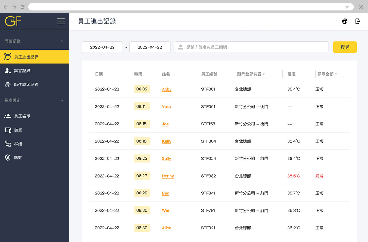 GoFace門禁考勤系統進出時間登記體溫登記