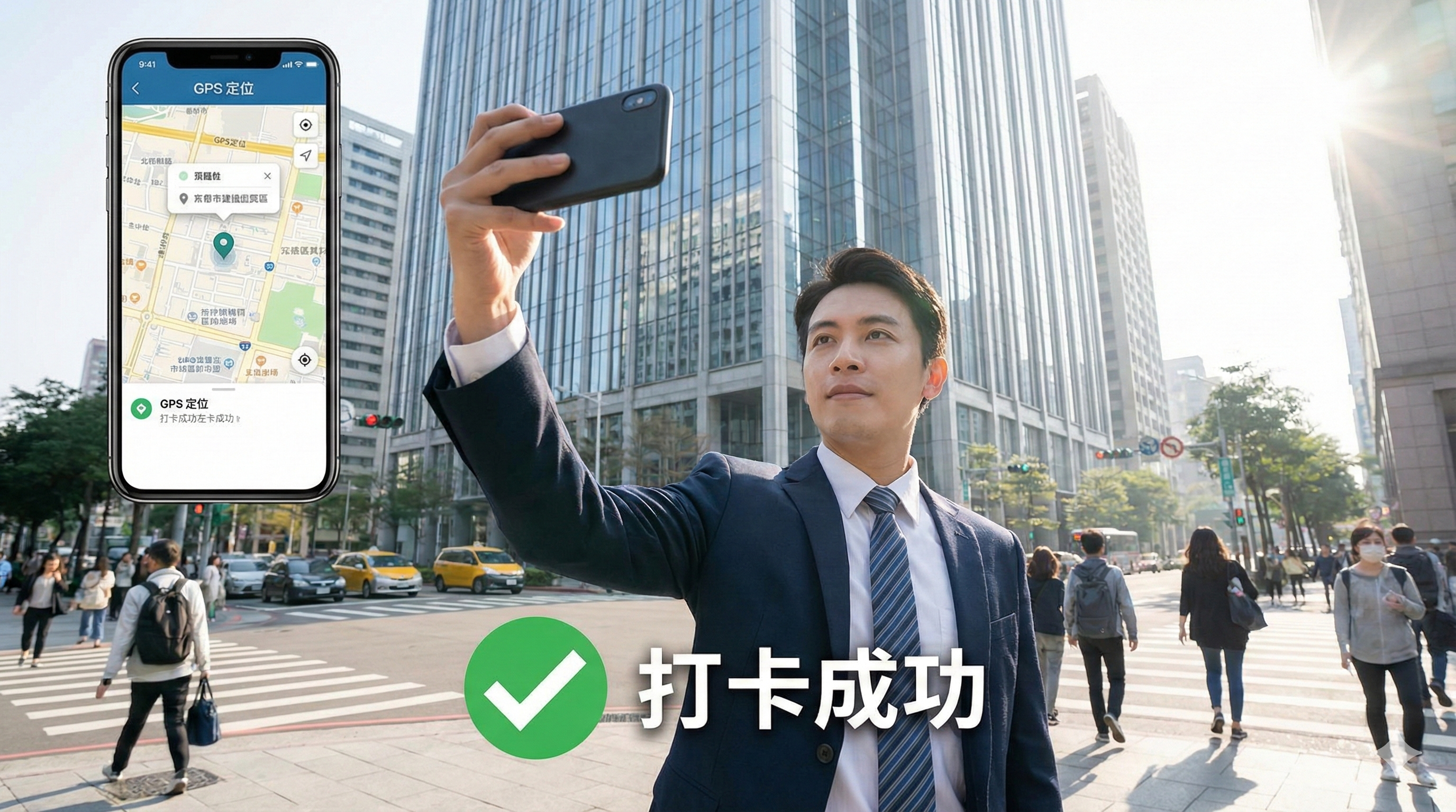 一名穿西裝的業務人員在戶外大樓前，使用智慧型手機進行 GPS 定位與人臉識別遠端打卡，螢幕顯示綠色勾勾與『打卡成功』字樣