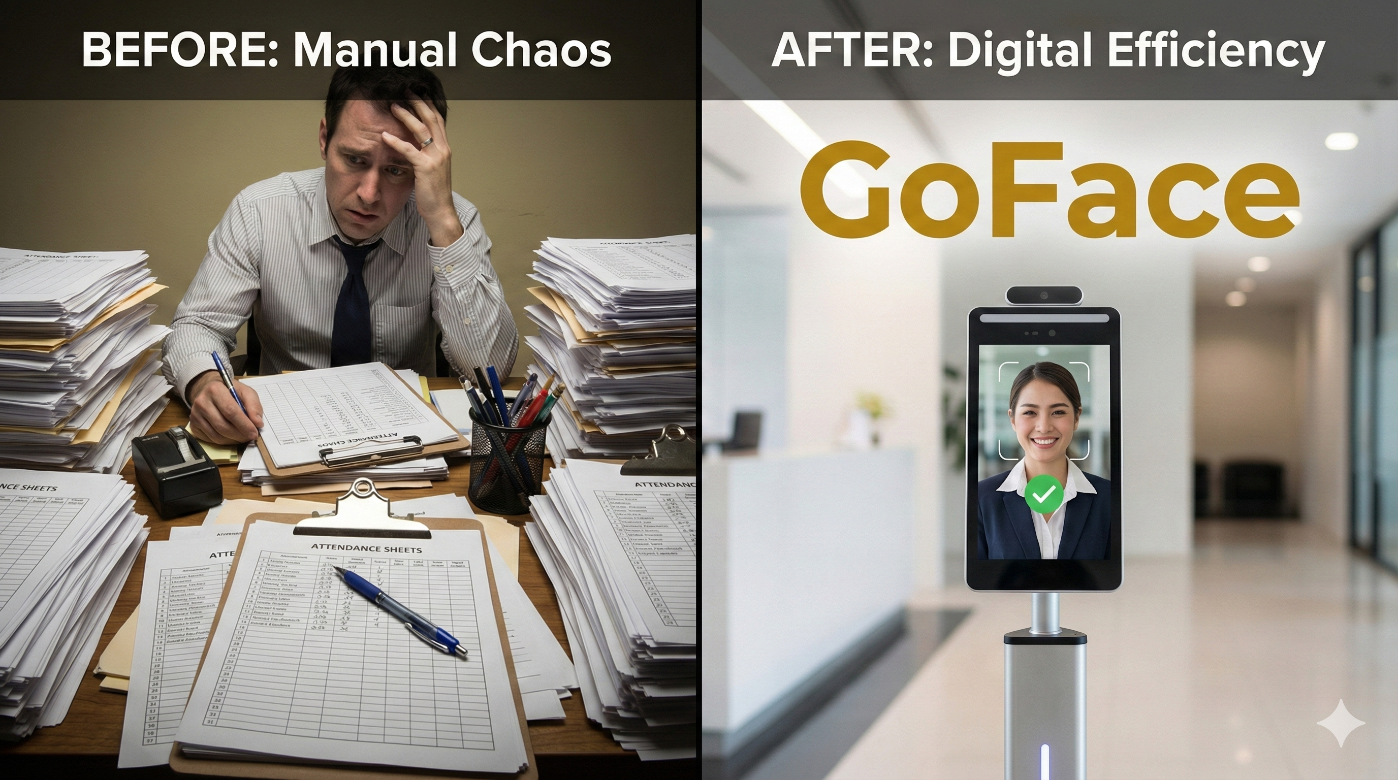 左圖為傳統紙本簽到混亂場面，右圖為磊山保經導入 GoFace 後使用人臉辨識打卡的乾淨高效畫面 