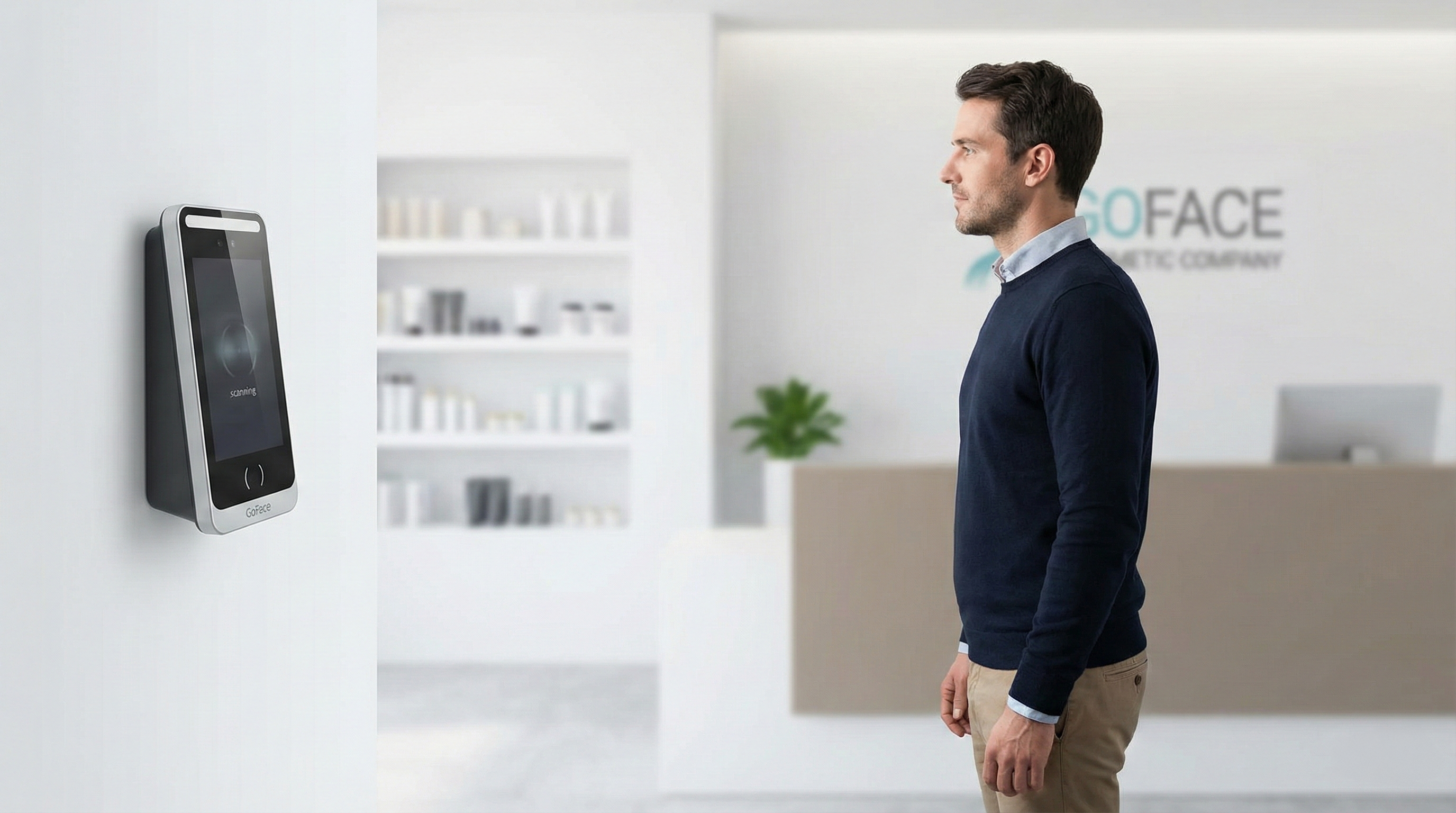 GoFace 門禁機在辦公室門口的設置示意，展示約 1 公尺的自動感應辨識距離，提供化妝品零售業無接觸且高效的考勤體驗。