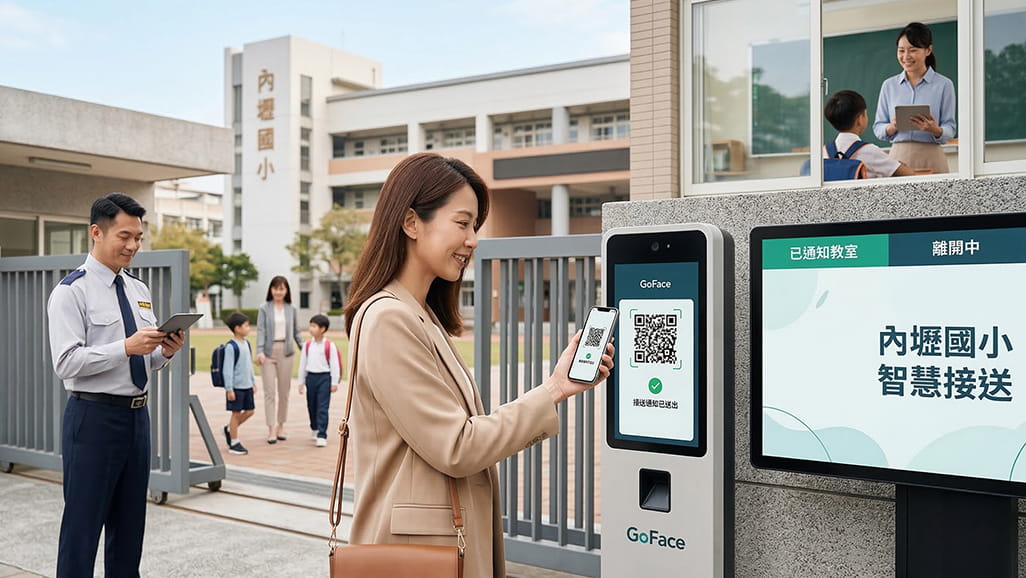桃園內壢國小導入 GoFace 智慧校園接送系統，家長於校門口使用手機掃描 QR Code 即時通知教室。