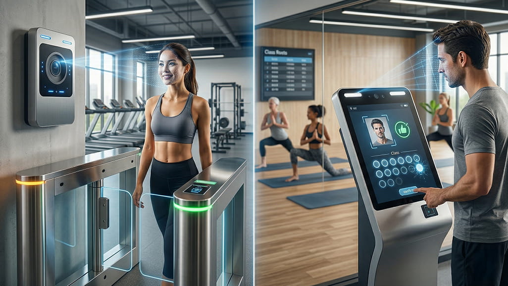 左圖為人臉辨識門禁系統於健身房入口之應用示意圖，實現會員無感刷臉進場與自動解鎖。右圖運動教室雲端會員管理系統示意圖，透過人臉辨識精準核對身分並完成課堂報到